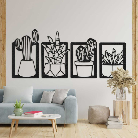 Designer wooden set of paintings with cacti in geometric flower pots