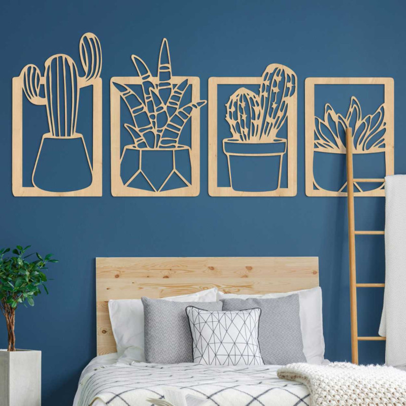 Wooden wall decoration with a motif of natural plants and flower pots