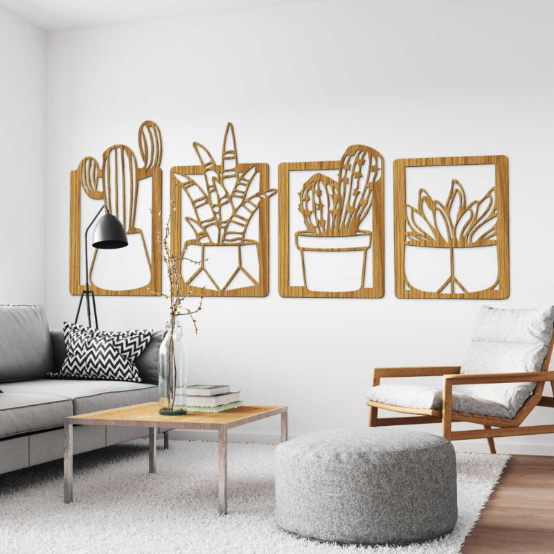 Modern wooden decoration of four paintings with a plant theme