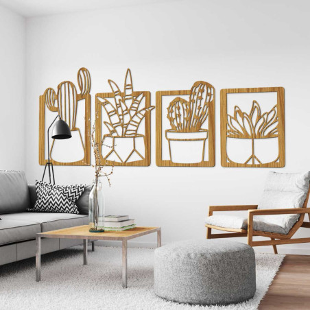 Modern wooden decoration of four paintings with a plant theme