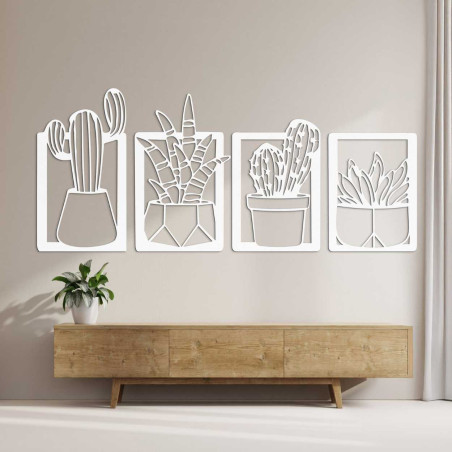 Stylish natural wood painting with a pattern of succulents and cacti