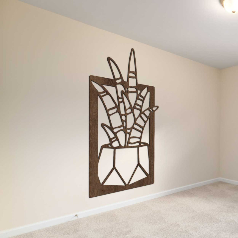 Wooden wall decoration with four motifs of succulents and cacti in pots