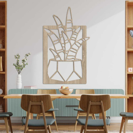 Modern wooden picture with carved cacti and plants in square frames