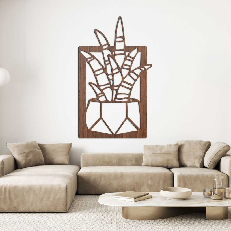 Four wooden decorative panels with a plant motif in a minimalist style