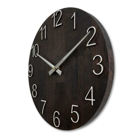 A clock made of natural wood with a light surface and a classic arrangement of numbers.