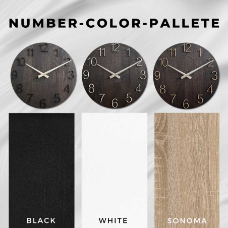 Modern wooden clock with a simple dial and metal hands.