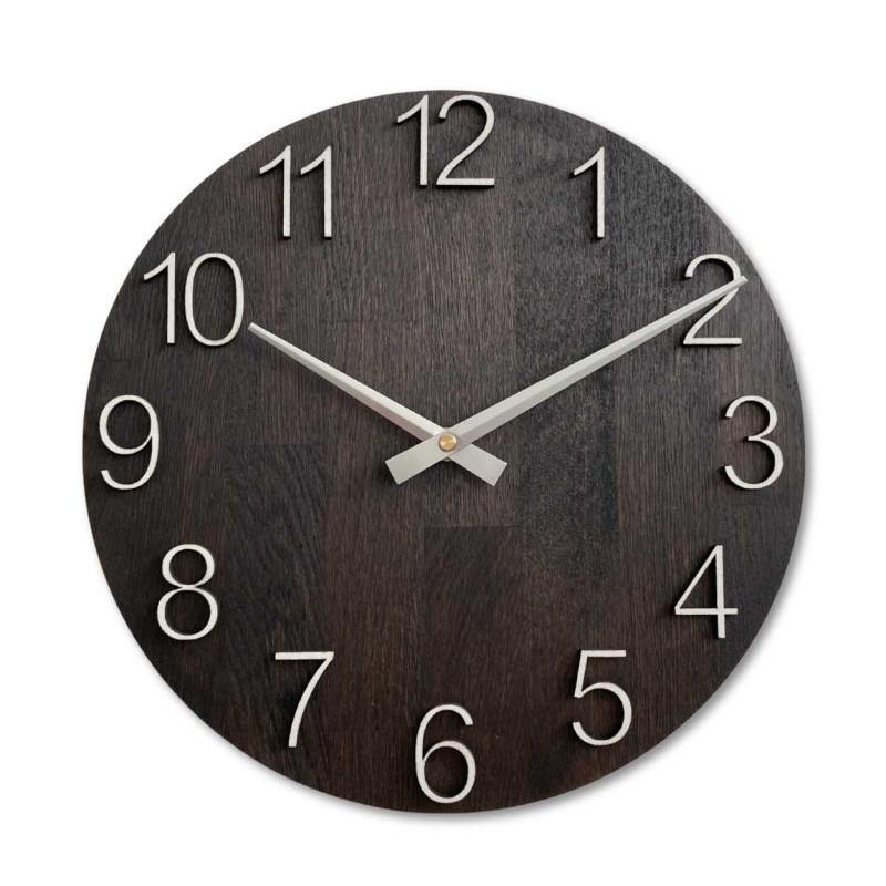 Handcrafted clock with a wooden base and fine details of the numbers.