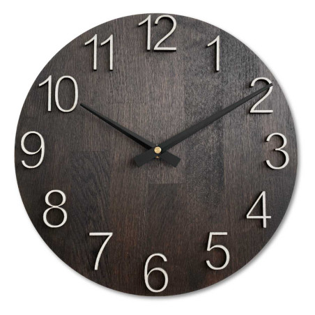Solid wooden clock with a minimalist design and a distinctive dial.