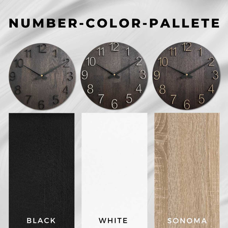 Round wooden clock with a subtle natural motif and legible numbers.