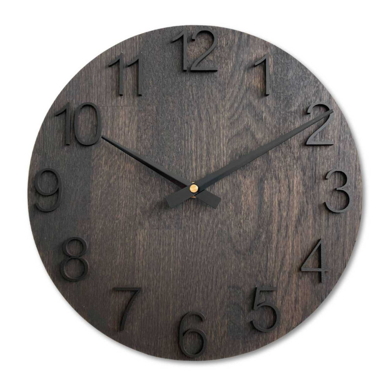 Modern wooden clock with a simple dial and metal hands.