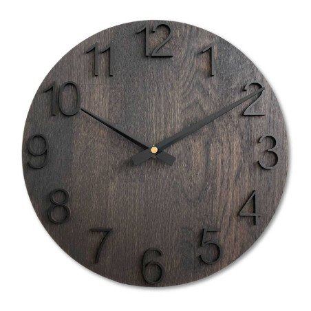 Modern wooden clock with a simple dial and metal hands.