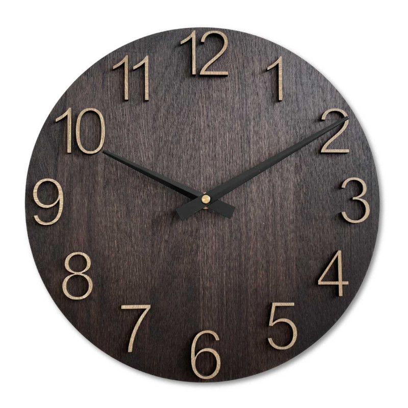 Round wooden clock with a subtle natural motif and legible numbers.