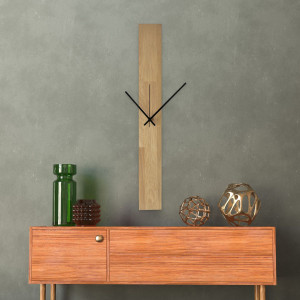 Wall clock made of textured wood with minimalist black hands and no numbers. 2