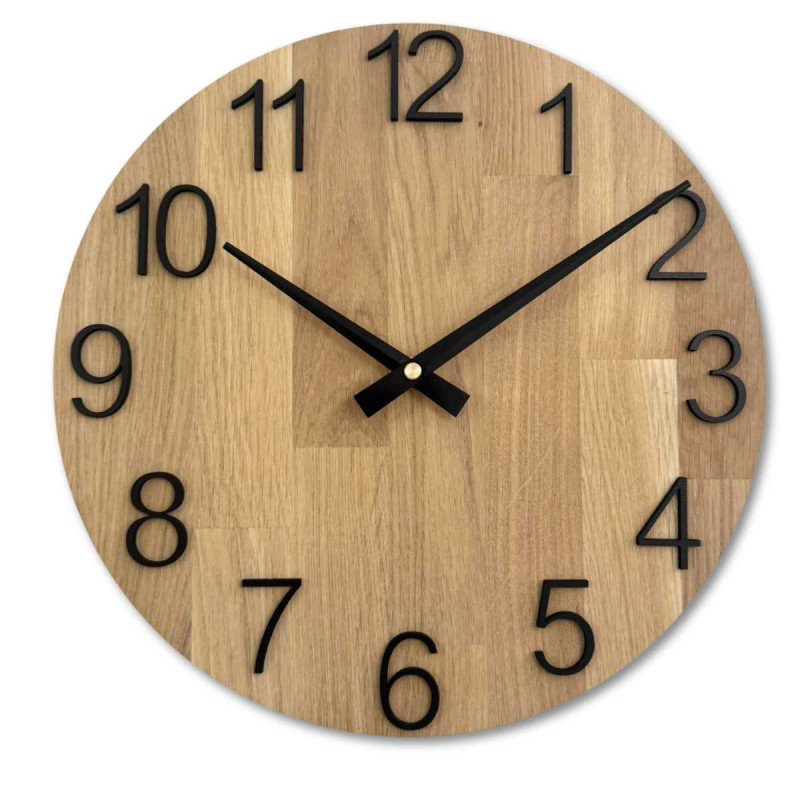 Wooden wall clock with a circular shape and a subtle natural motif.