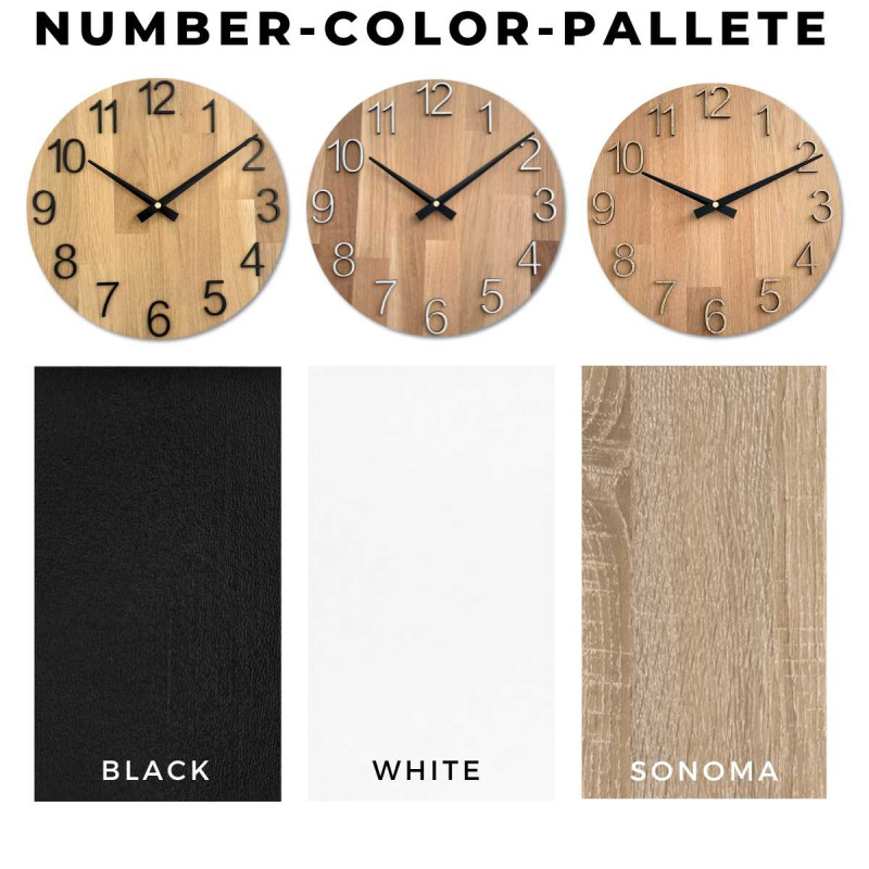 Round clock with a decorative cutout in the center and a delicate wood pattern.