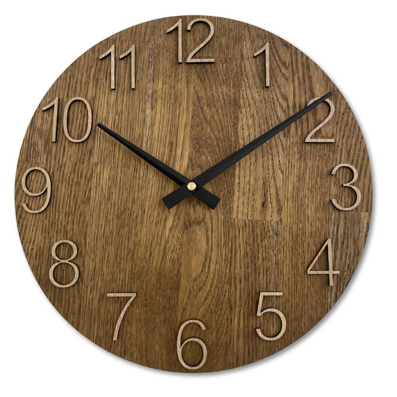 Wooden wall clock with visible material structure and smooth surface.