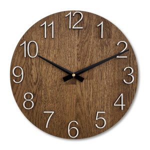 Natural wooden clock with a simple design and thin hands.
