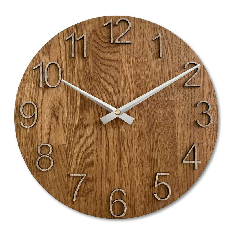 Natural wooden clock with a simple design and thin hands.