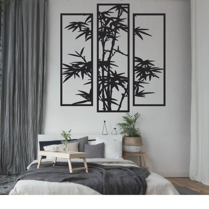 Black three-piece metal painting with bamboo - a stylish addition to your living room or office