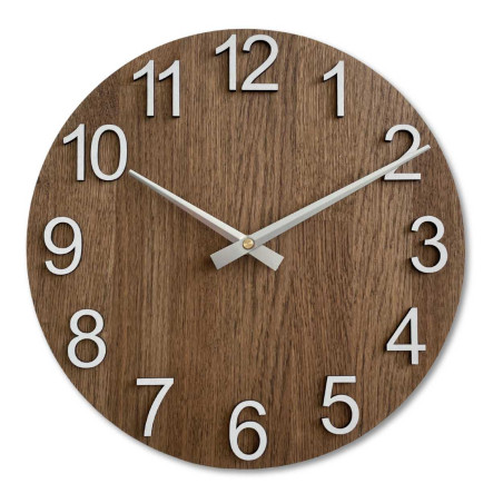 Wooden wall clock with round shape and silver hands