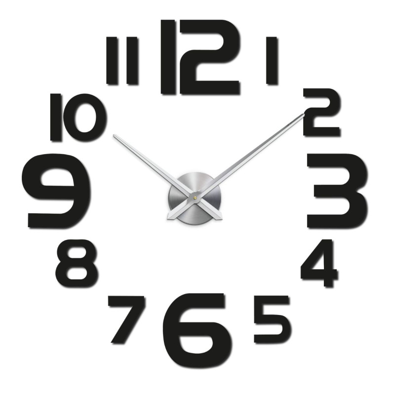 Modern adhesive wall clock with large black numbers and silver hands