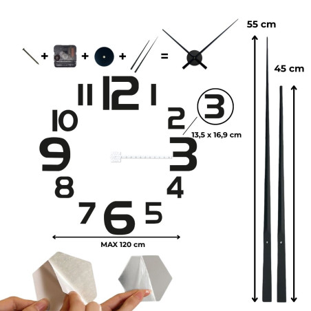 3D wall clock with large black numbers and silver hands 3D wall clock with large black numbers and silver hands