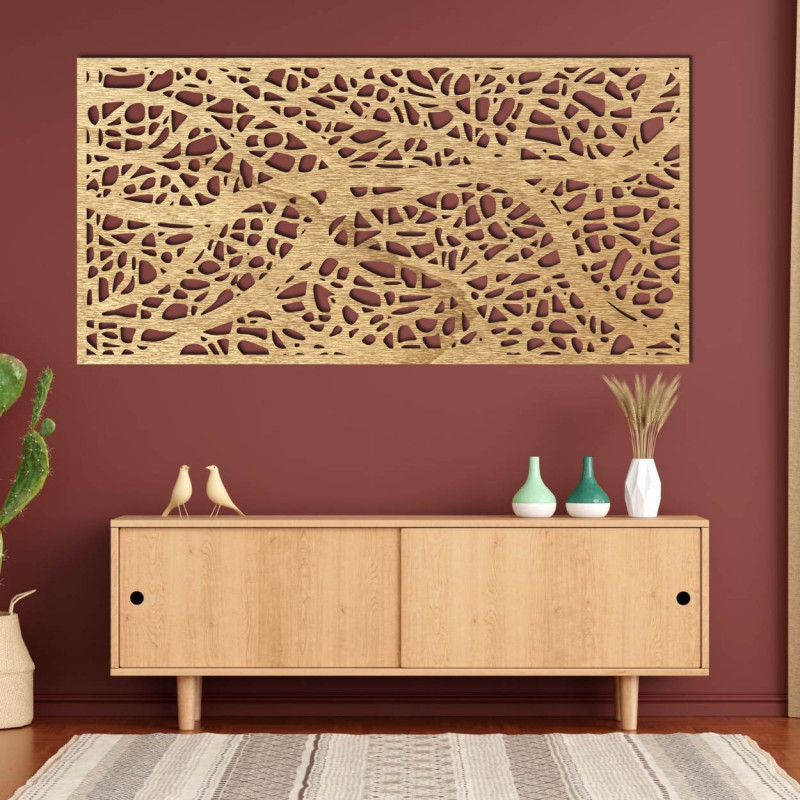 Hand-carved wooden picture with flowers, wall decoration for living room and modern interior