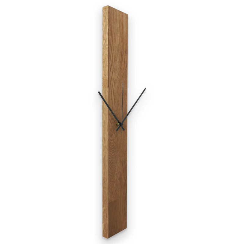 Wooden wall clock with a vertical shape and alternating black and silver hands.