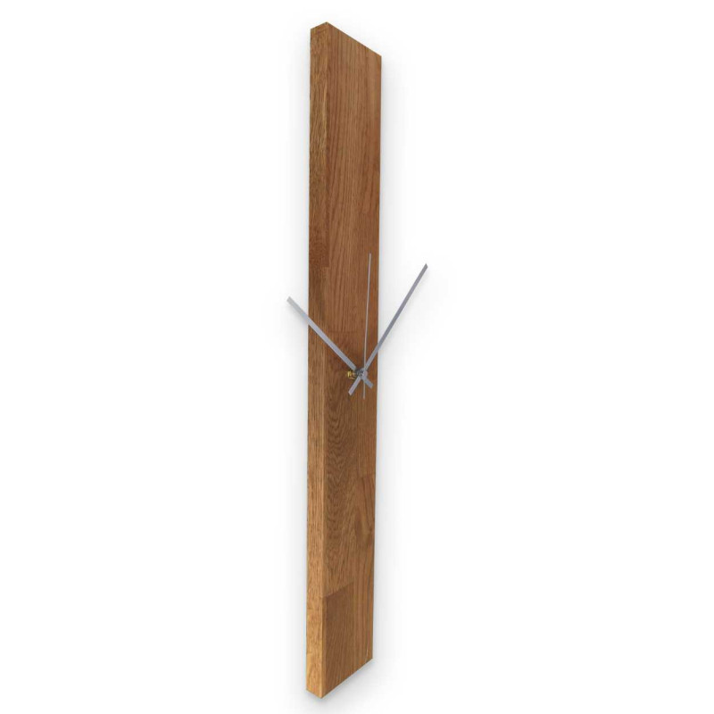 A simple wooden wall clock with a slim rectangular shape and two-tone hands.