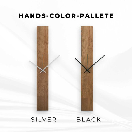 Narrow tall wooden wall clock in a rectangular shape with black hands Narrow tall wooden wall clock in a rectangular shape with black hands