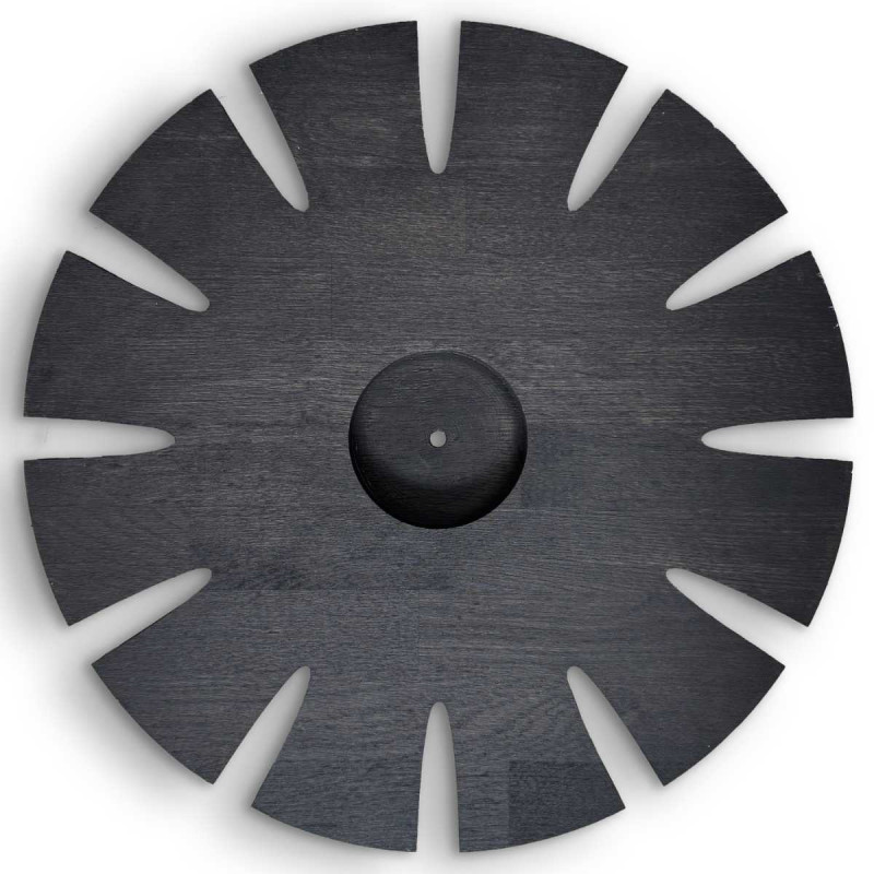 Modern circular wooden clock with a subtle pattern and a clean dial.