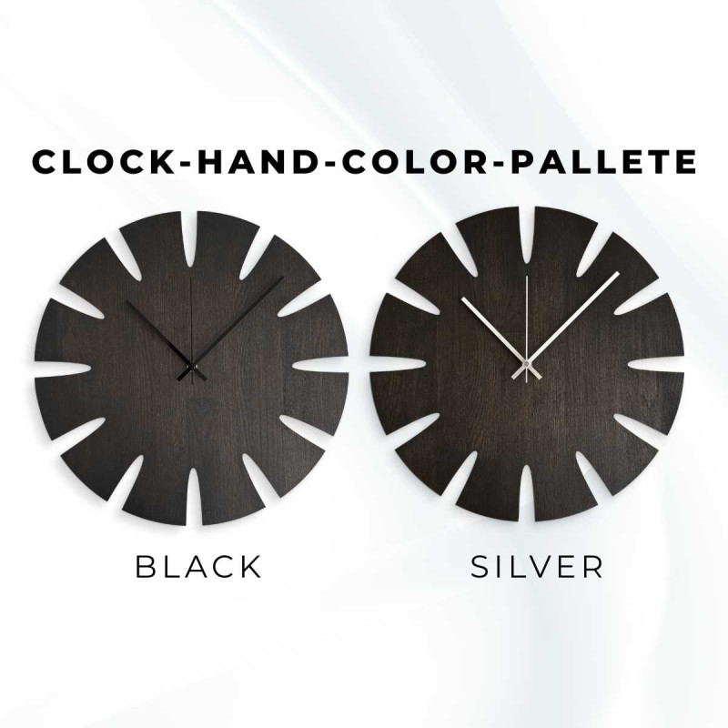 Large wooden clock with a simple dial designed for a modern interior.