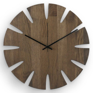 Large wooden clock with a simple dial designed for a modern interior.