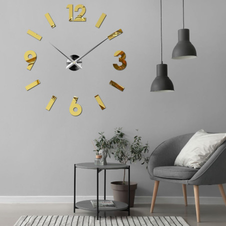 Gold 3D adhesive wall clock, modern decoration for the living room and kitchen