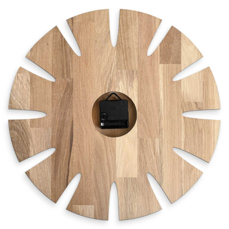High-quality clock made of wood with an original artistic motif.