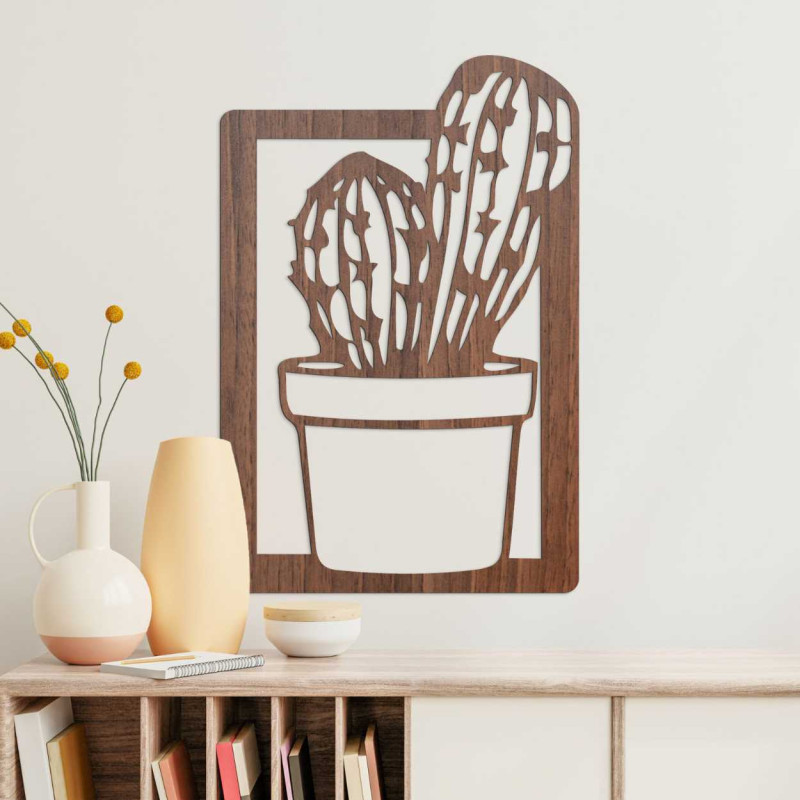 Large wood-relief wall decoration with a modern cactus motif.