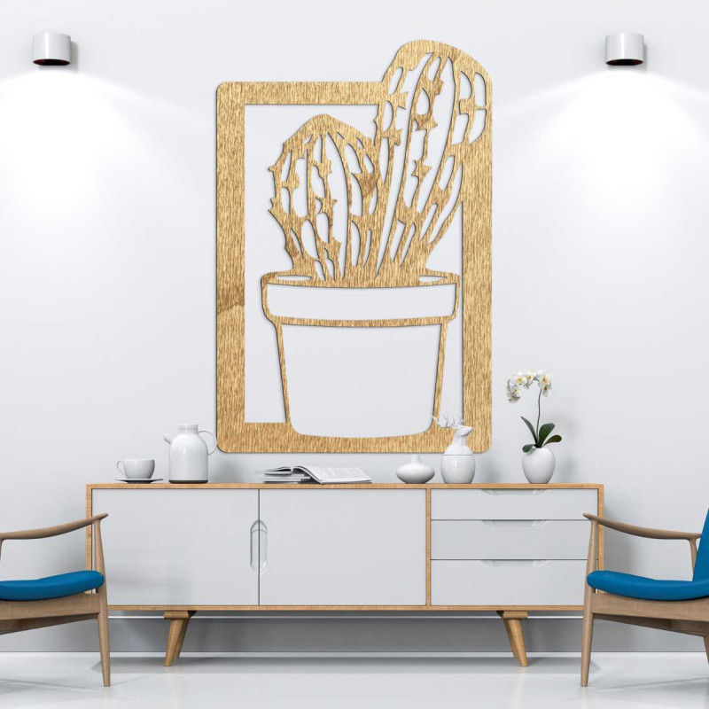Modern wall decoration for the living room with a wooden frame and a natural cactus motif.