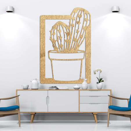 Modern wall decoration for the living room with a wooden frame and a natural cactus motif.