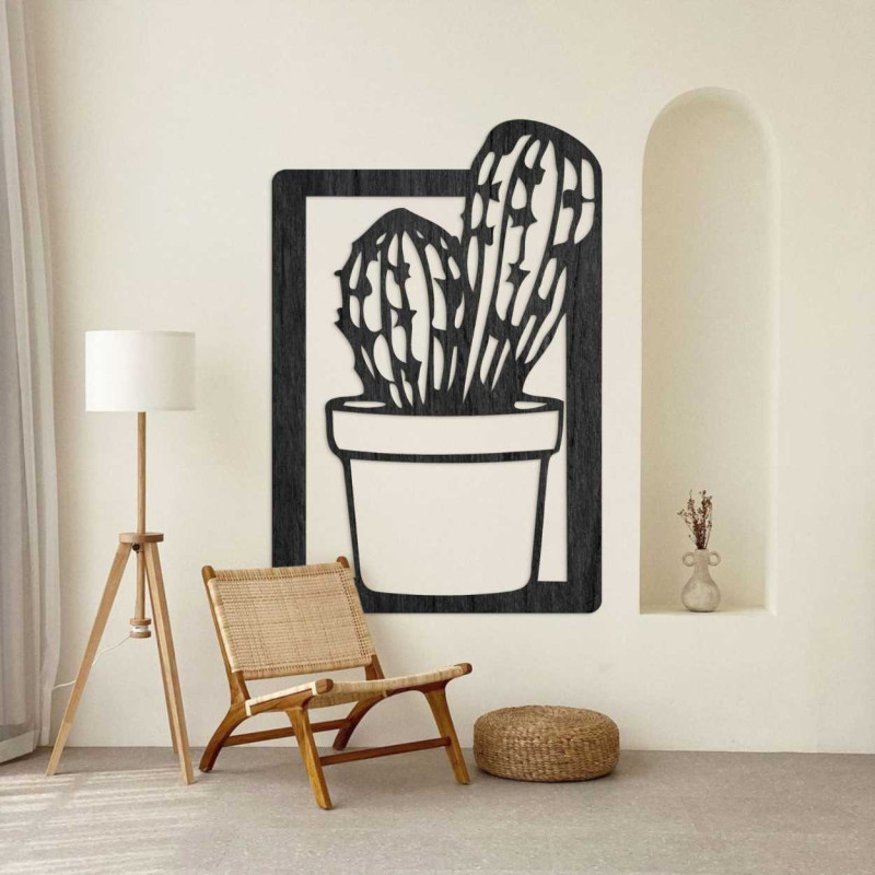 Elegant wooden wall art with a minimalist cactus design.