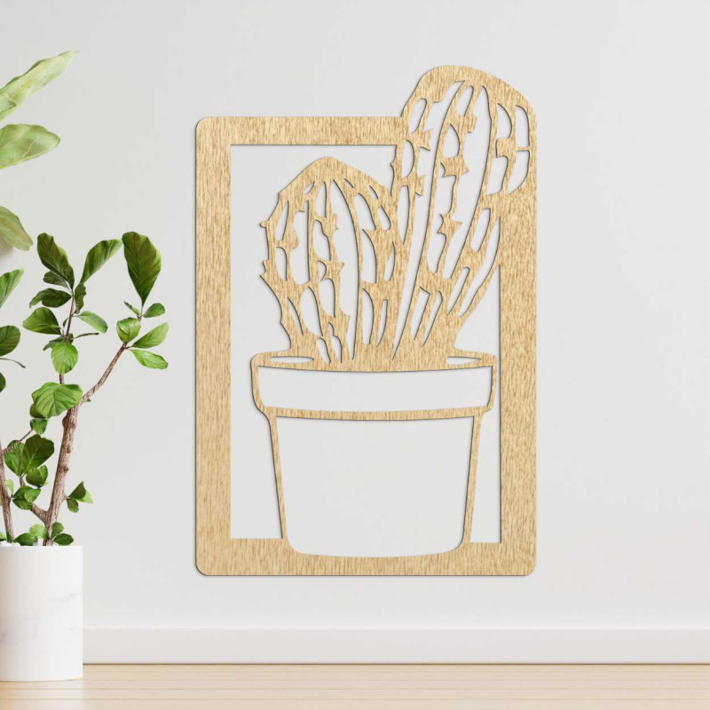 Stylish wooden wall panel with a cactus, suitable for the living room or office.
