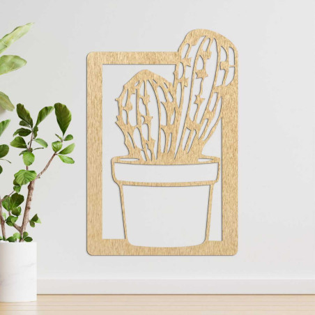 Stylish wooden wall panel with a cactus, suitable for the living room or office.