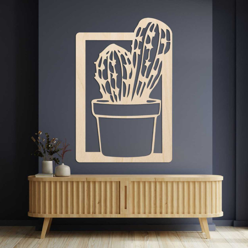 Minimalist wooden wall decoration with a plant motif in an elegant frame.
