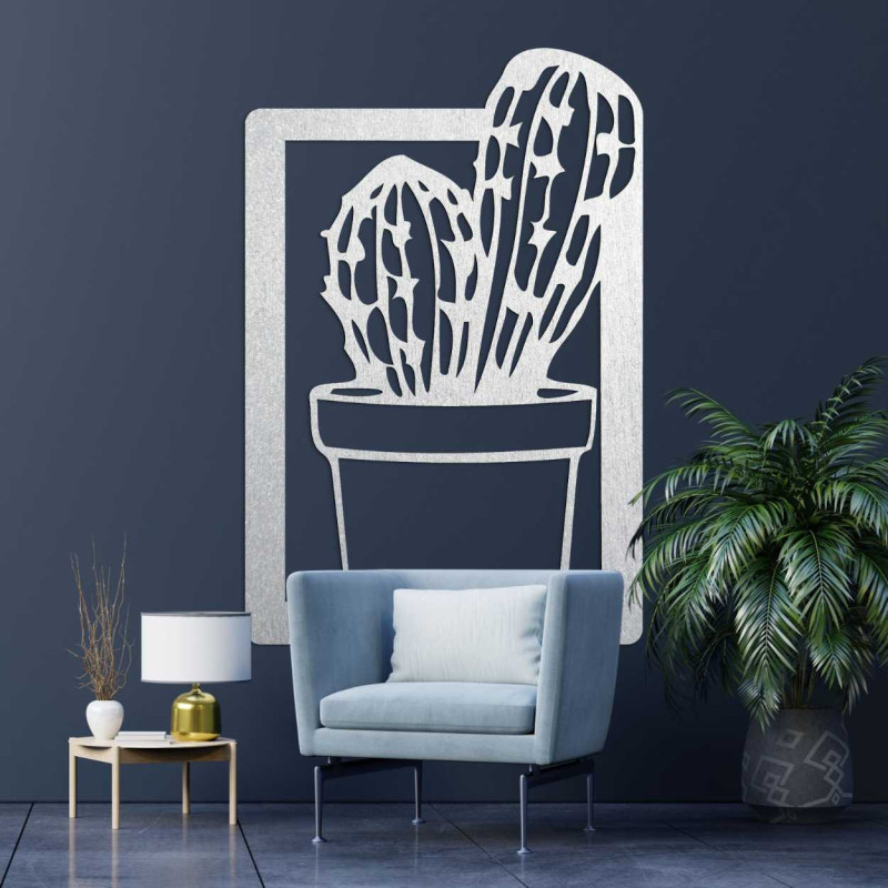 Wooden wall painting with an original cactus pattern for a modern interior.