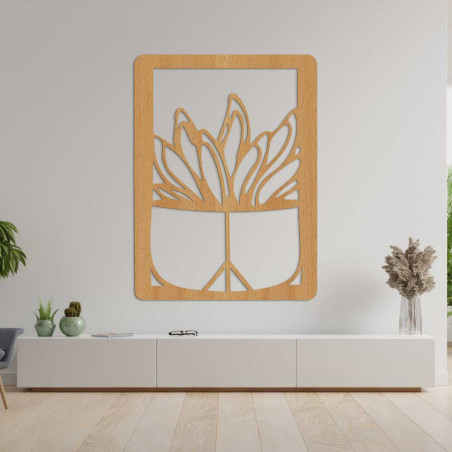 Wooden wall painting with carved cactus in a flower pot