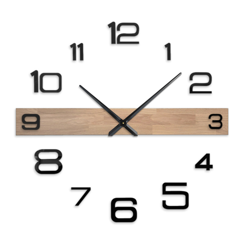 Minimalist wooden wall clock with metal hands and distinctive numbering.
