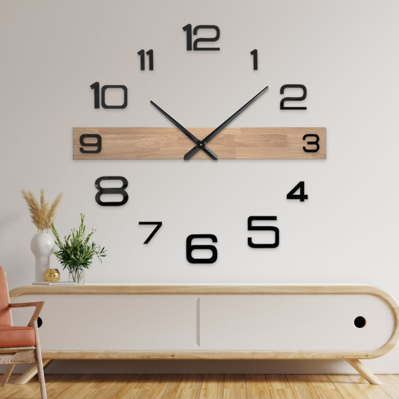 Wooden wall clock with an original design and large black numbers.