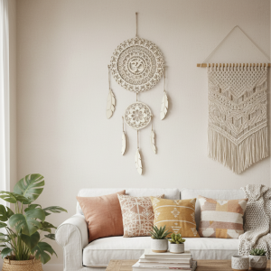 Wooden dream catcher hanging, handmade Slovak wall decor, cozy home or gift. 2