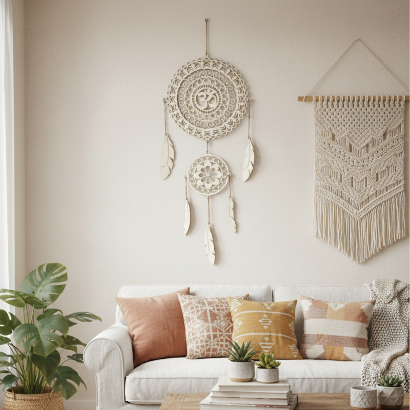 Handmade wooden dream catcher hung on the wall, a natural decoration for a cozy home or a gift.