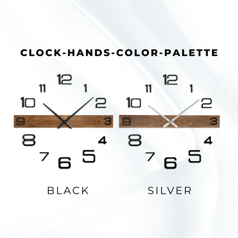 Designer wooden wall clock with dark hands and separate, large numbers.