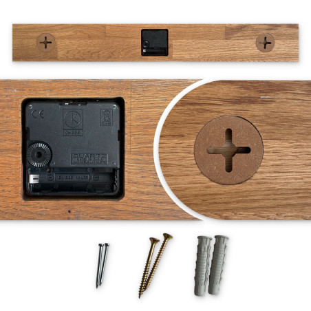 Wooden wall clock with distinctive black numbers and black hands.